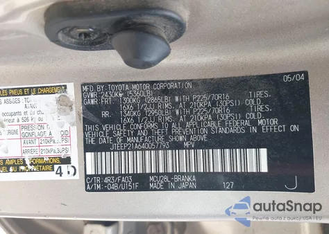 2004 Toyota Highlander V6 from USA, damaged, VIN JTEEP21A640057793